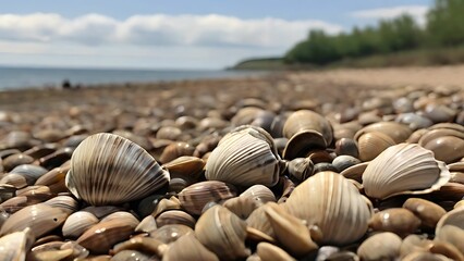 Close up of a shells on the sea shore
