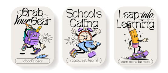 Back to school vector posters set with walking funny cute comic characters. Lettering illustration for t-shirt print. Too cool for school, educational creativity supplies. Vector illustration.
