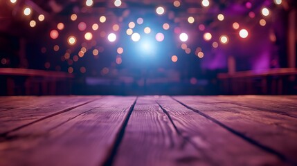 Close-up of a wooden stage floor with colorful bokeh lights in the background, creating a dreamy atmosphere - Powered by Adobe