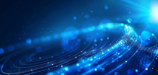 Blue technology background, with a blue gradient and light speed lines and curved circular shapes...