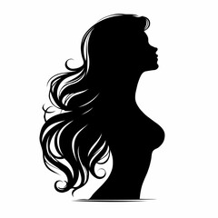 Ethereal Beauty: Minimalist Black and White Portrait Silhouette of a Woman with Wavy Long Hair, Elegant Feminine Profile View Illustration