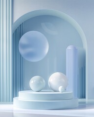 Abstract Minimalist Blue Geometric Composition with Spheres and Arches