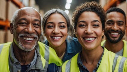 A group of diverse warehouse workers, smiling and taking a selfie in a warehouse, showcasing teamwork, unity, and a vibrant workplace atmosphere.