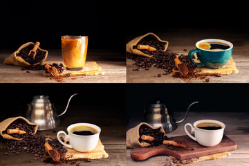 Set - Iced coffee and black coffee with cup and roasted coffee beans brown sugar and a cup of hot espresso coffee flat top view on a dark background