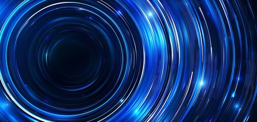 Blue technology background, with a blue gradient and light speed lines and curved circular shapes in the center of the screen, in a simple style. The overall color tone is a dark blue, creating an atm