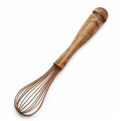 Wooden whisk with a rustic, handcarved handle, isolated solid white background of, without shadow, single object, detailed, PNG dicut style