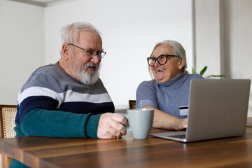 Distraught senior couple e-banking with credit card and laptop at home.