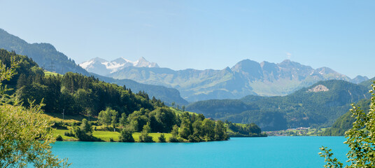 view to the Bernese Alps from lake Lungernsee, canton Obwalden