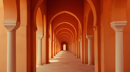 A corridor filled with stunning arches in an orange building. Suitable for travel blogs, architecture magazines