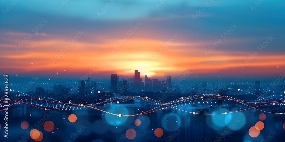 Poster a vibrant smart city at twilight showcasing the flow of data through dynamic network connections. co
