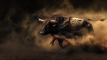 Charging bull in motion surrounded by dust. Dynamic studio action shot. Strength and power concept. Design for poster, wallpaper, banner.