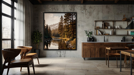 Grey gallery room interior with drawer and decoration, mockup frame, photo frame