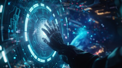 A compelling depiction of a hand reaching out to interface with a futuristic chatbot, illustrating the potential of artificial intelligence to transcend borders and revolutionize the way we connect