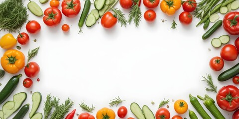 Assorted fresh vegetables including tomatoes, cucumbers, bell peppers, and rosemary sprigs arranged on a white background
