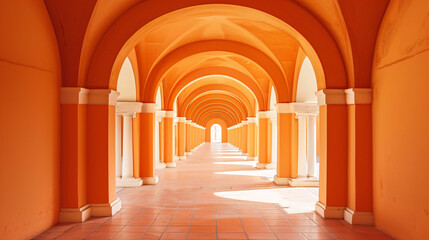 A corridor filled with stunning arches in an orange building. Ideal for travel blogs, architecture magazines, and historical promotions.