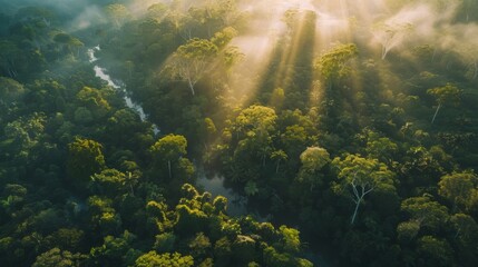 imagine a drone shot of the dense canopy of an Australian rainforest, with sunlight breaking through the trees and a river winding below 