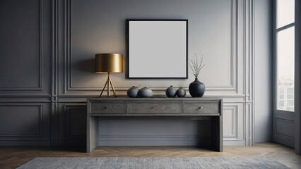 Fototapeta premium Grey gallery room interior with drawer and decoration, mockup frame, photo frame