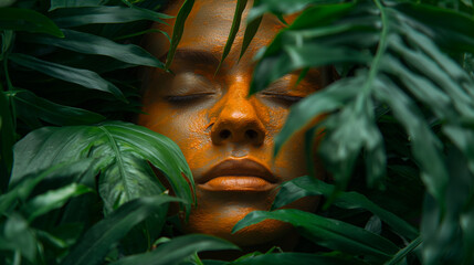 A close-up of a face partially obscured by lush orage foliage. The face appears to be painted or coated with a orange substance, giving it a harmonious blend with the surrounding