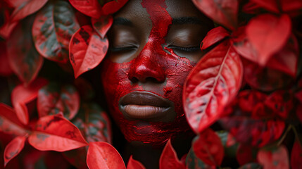 A close-up of a face partially obscured by lush red foliage. The face appears to be painted or coated with a red substance, giving it a harmonious blend with the surrounding