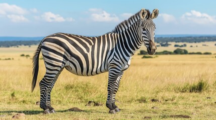 Naklejka premium A zebra is standing in the middle of a grassy field under the sky with clouds