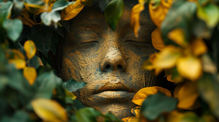 A close-up of a face partially obscured by lush yellow foliage. The face appears to be painted or coated with a yellow substance, giving it a harmonious blend with the surrounding