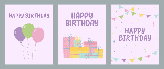 happy birthday greeting card set, celebration templates, postcards, party invitation, balloons, present with ribbon, gift, confetti, vector illustration