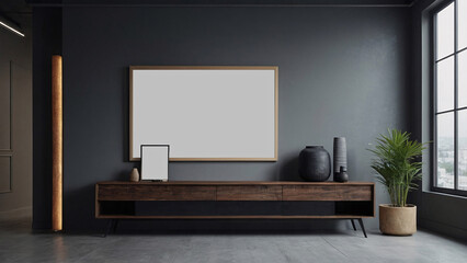 Grey gallery room interior with drawer and decoration, mockup frame, photo frame