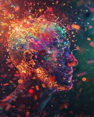 Abstract Digital Art of Human Head with Exploding Colors and Particles