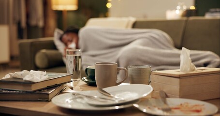 Messy living room, sick and woman on sofa with coffee cup, plate and dirt with flu, covid or virus. Girl, African person and dishes on lounge table with sneezing, cough and night with tissue in home