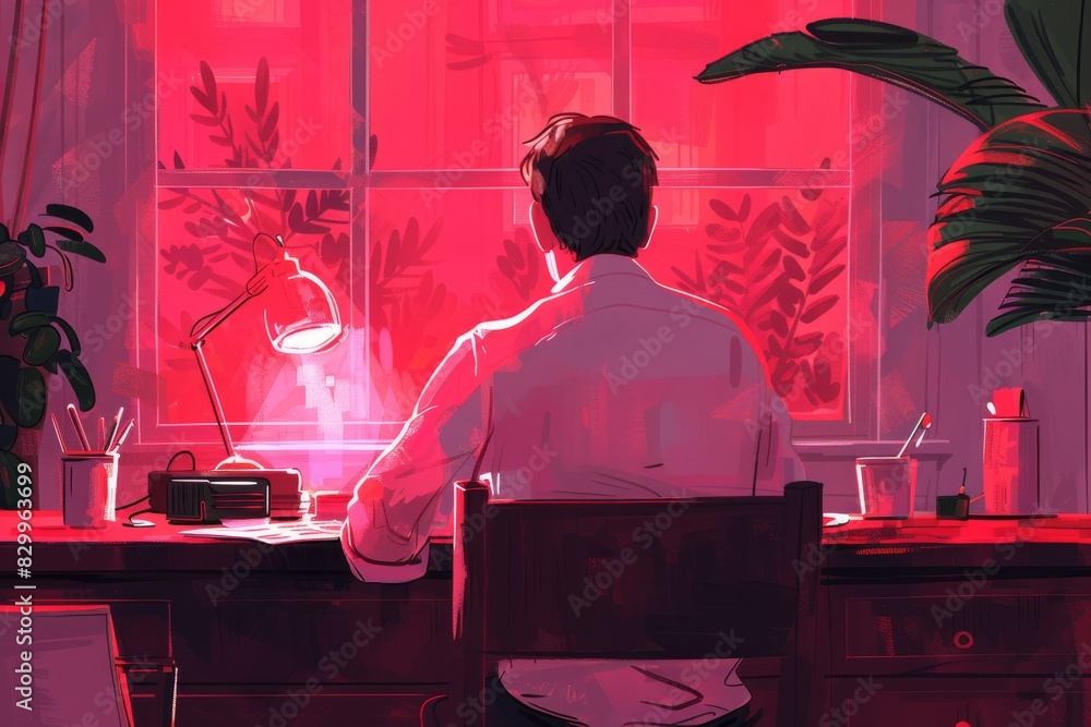 Poster person working at a desk, emphasizing secure remote work and data protection in a modern setting.