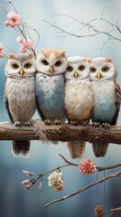 Four adorable owls perched on a branch surrounded by blooming flowers in a serene, dreamy setting.