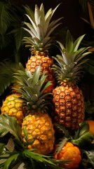 Fresh pineapples with lush green leaves arranged artfully, showcasing their tropical beauty and ripe, juicy appeal against a dark background.
