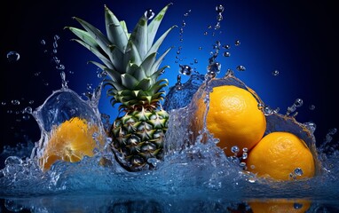 Fresh tropical fruits including a pineapple and oranges splashing into water with a dark blue background. Vibrant and refreshing.