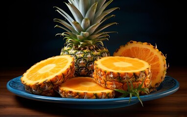 Freshly sliced pineapple on a blue plate, showcasing vibrant yellow flesh and green spiky top. Perfect for tropical themes and food photography.