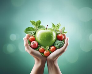 Hands holding fresh fruits and vegetables, including apple, tomato, and broccoli, symbolizing health and nutrition on a green background.