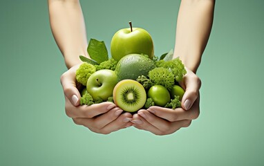 Hands holding green fruits and vegetables including apples, kiwi, and broccoli against a green background. Healthy food concept.