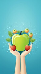 Illustration of hands holding colorful apples with leaves on a blue background, representing healthy eating and nutrition.