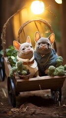 Two adorable French Bulldogs dressed as gardeners sitting in a wooden cart filled with plants during a sunset in a forest.