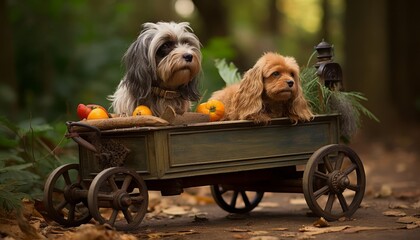 Two adorable dogs sit in a rustic wooden wagon with autumn leaves and pumpkins, surrounded by a serene forest setting. Perfect autumn scene.