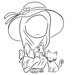 A girl drink Tea in the garden with cat