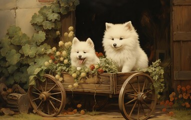 Two adorable white fluffy puppies sitting in a rustic wooden cart with flowers, surrounded by greenery and an old wooden door backdrop.