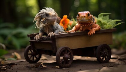 Two cute fantasy creatures sit in a small wooden wagon in a lush forest setting, surrounded by greenery and flowers.