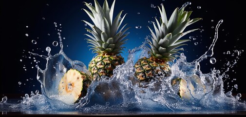Two fresh pineapples with sliced pieces splashing into clear water against a dark background, showcasing vibrant tropical fruit.