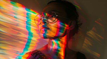 imagine an experimental portrait of a person with dramatic, colorful lighting and shadows creating an artistic and avant-garde effect --ar 16:9 --style raw Job ID: 2e694a1f-4bb7-4a97-9355-9ccb2813fb6c