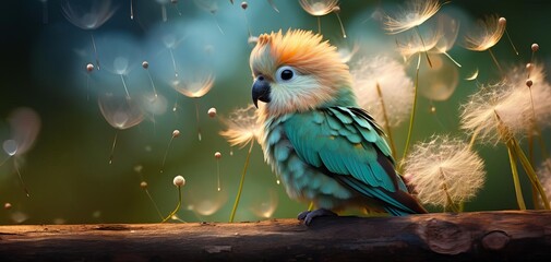 Vibrant bird perched on a branch surrounded by dandelion seeds, creating a whimsical and dreamy atmosphere.