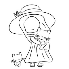 cute girl holding her cat illustration lineart