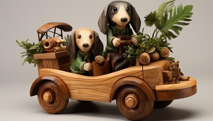 Whimsical wooden dog figures driving a vintage car decorated with plants, showcasing detailed craftsmanship and playful design.