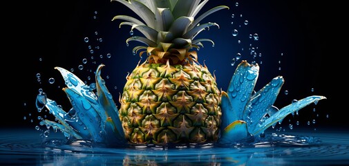 Vibrant pineapple splashing in water on a dark background, showcasing freshness and tropical essence in a captivating visual.