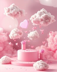 Dreamy Pink Cloudscape with Floating Hearts and Soft Pastel Tones
