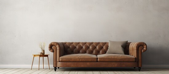A cozy sofa is placed in an inviting room surrounded by a clean white wall leaving ample room for text in the image